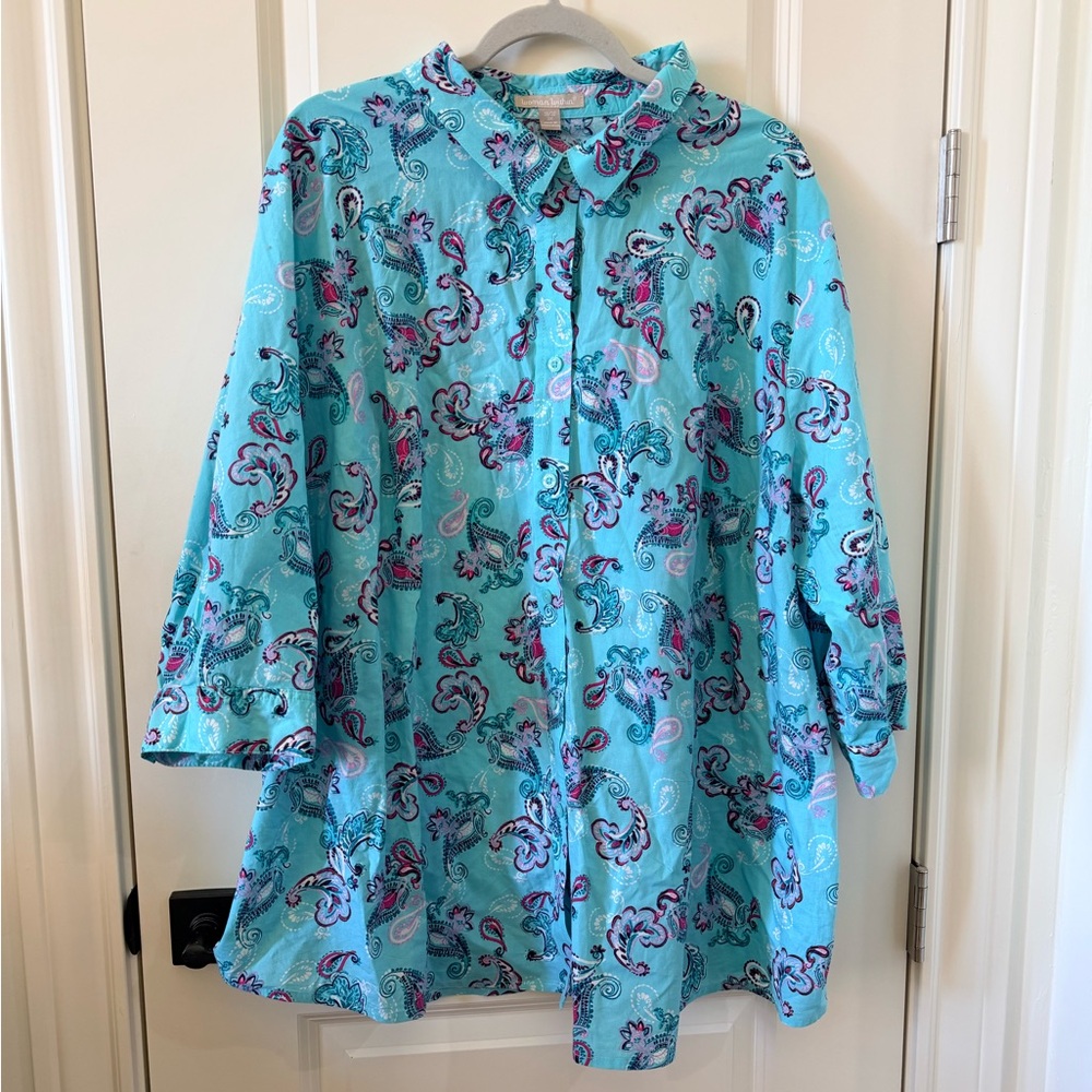 Woman Within Teal and Purple Paisley Top
